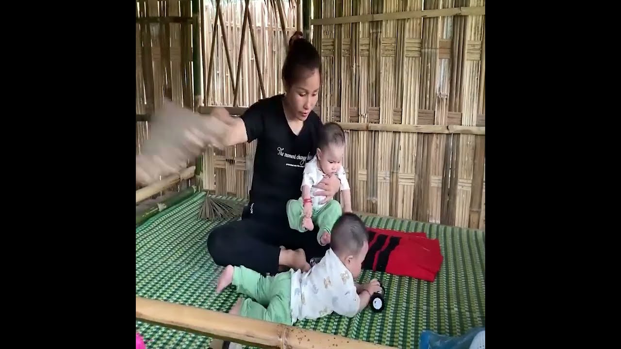 Single Mom With Twins Baby Harvesting and Selling Eggplants