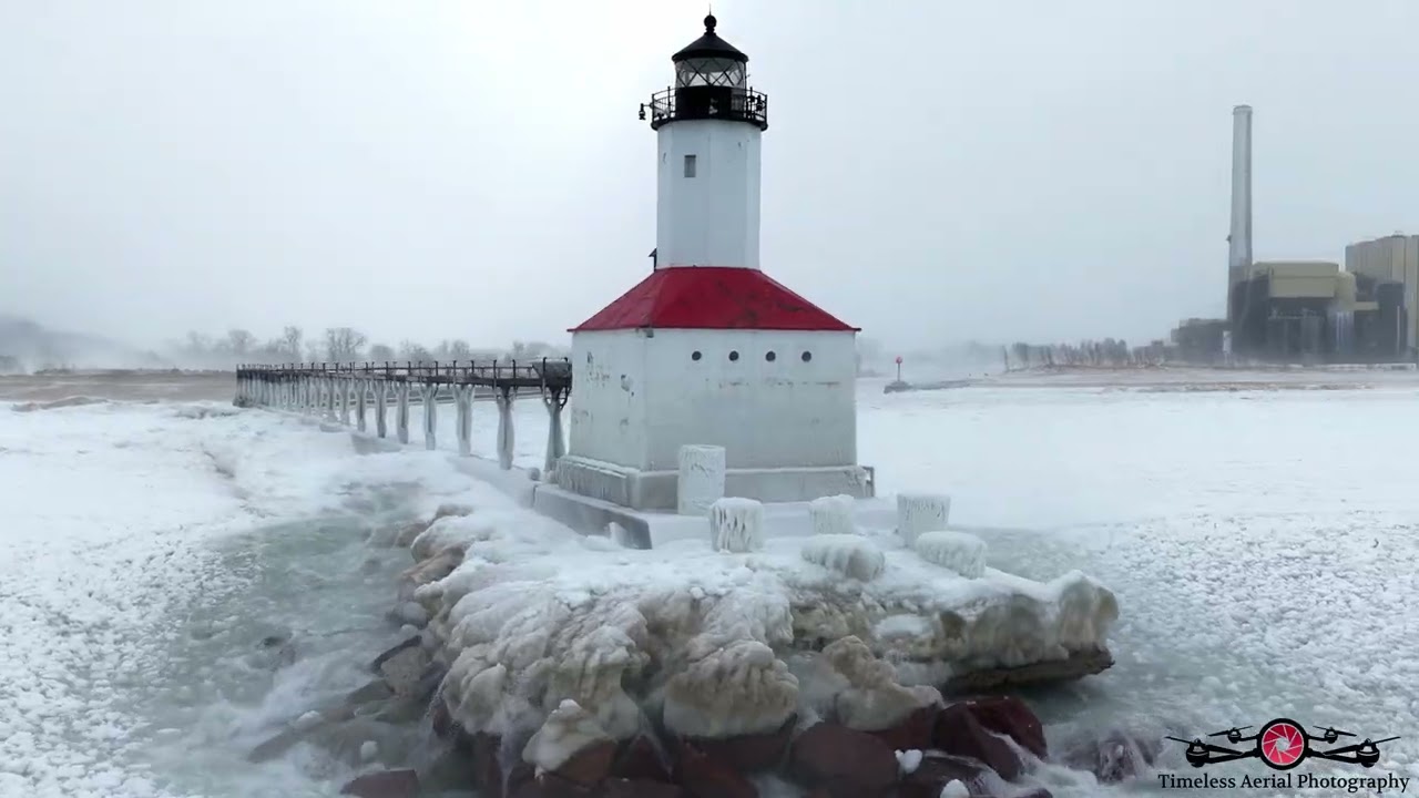 -30° windchill tour of the Michigan City Lighthouse 6K Drone Footage