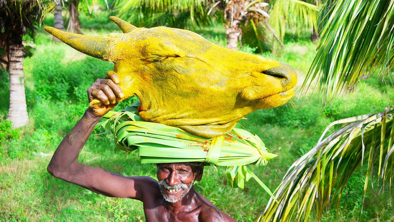 MONSTER  BEEF HEAD RECIPE | Cutting and Cooking Beef Head | Traditional Village Food |Grandpa