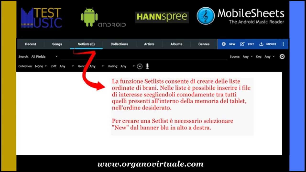 Manuale Test - Music: Crea una lista di brani con Mobilesheets