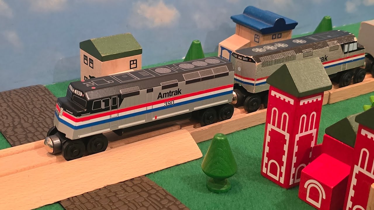 Wooden Amtrak passes through town