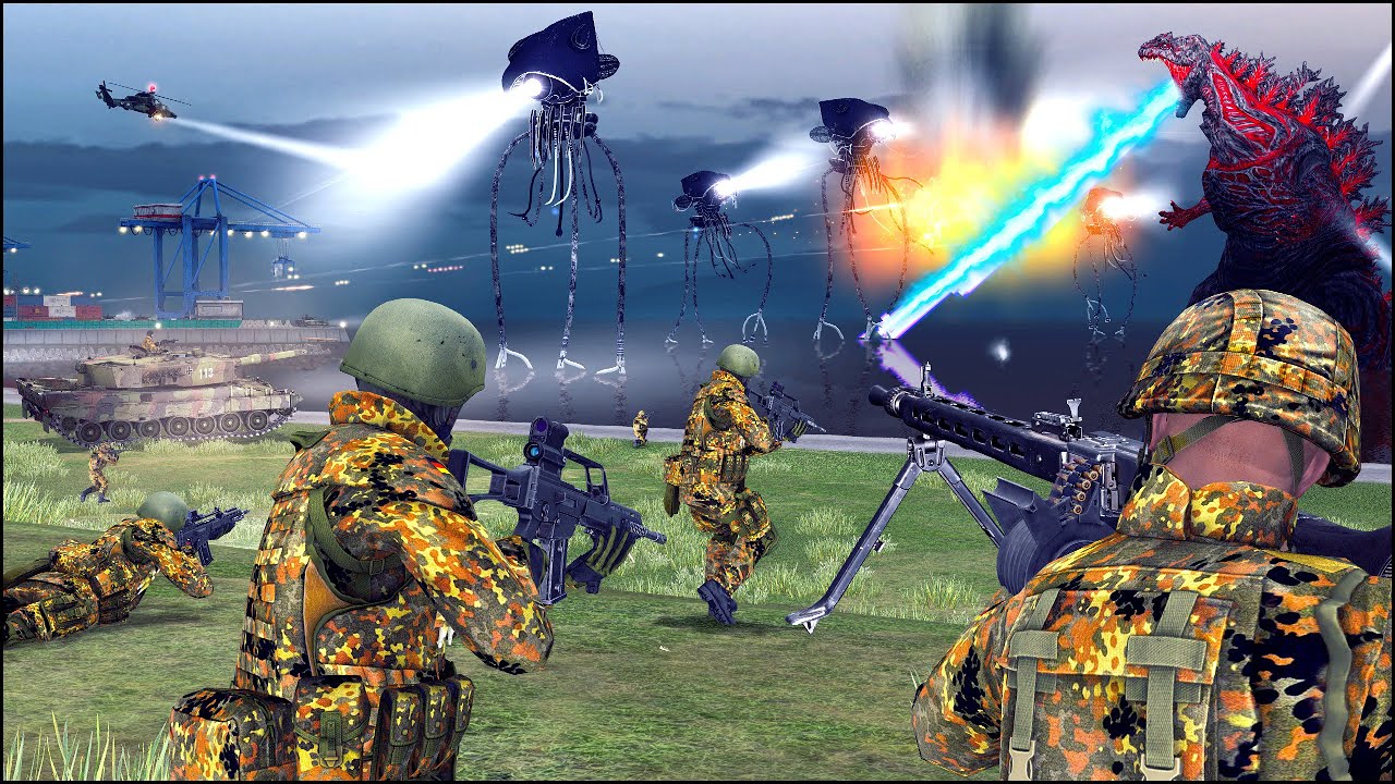 ALIEN TRIPODS vs GODZILLA - GERMAN $64 BILLION DEFENSE