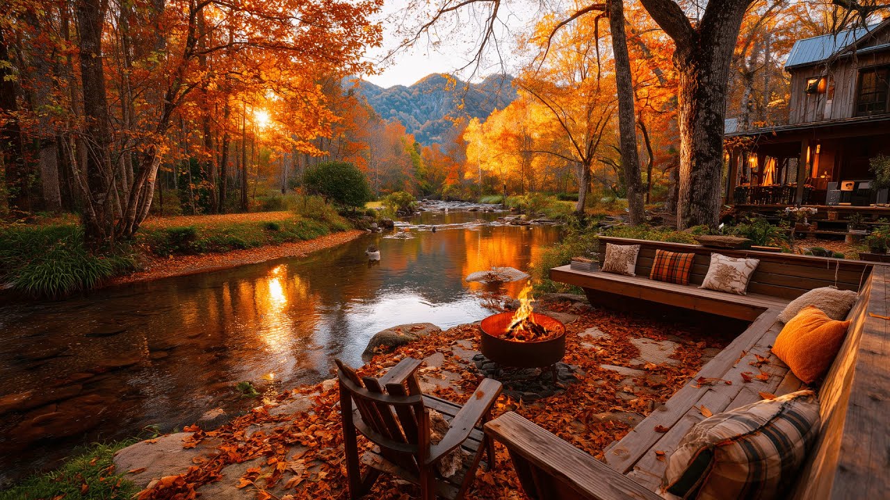Autumn Morning Campfire by the River | Porch Relaxation & Stress Relief Ambience