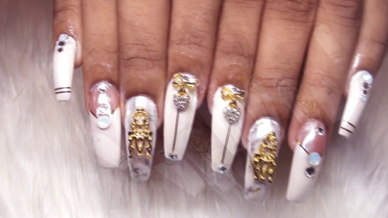Gold & Marble Acrylic Nails Design