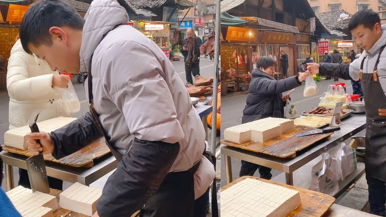 The stall sells tofu, which is freshly made and sold on February 9st.