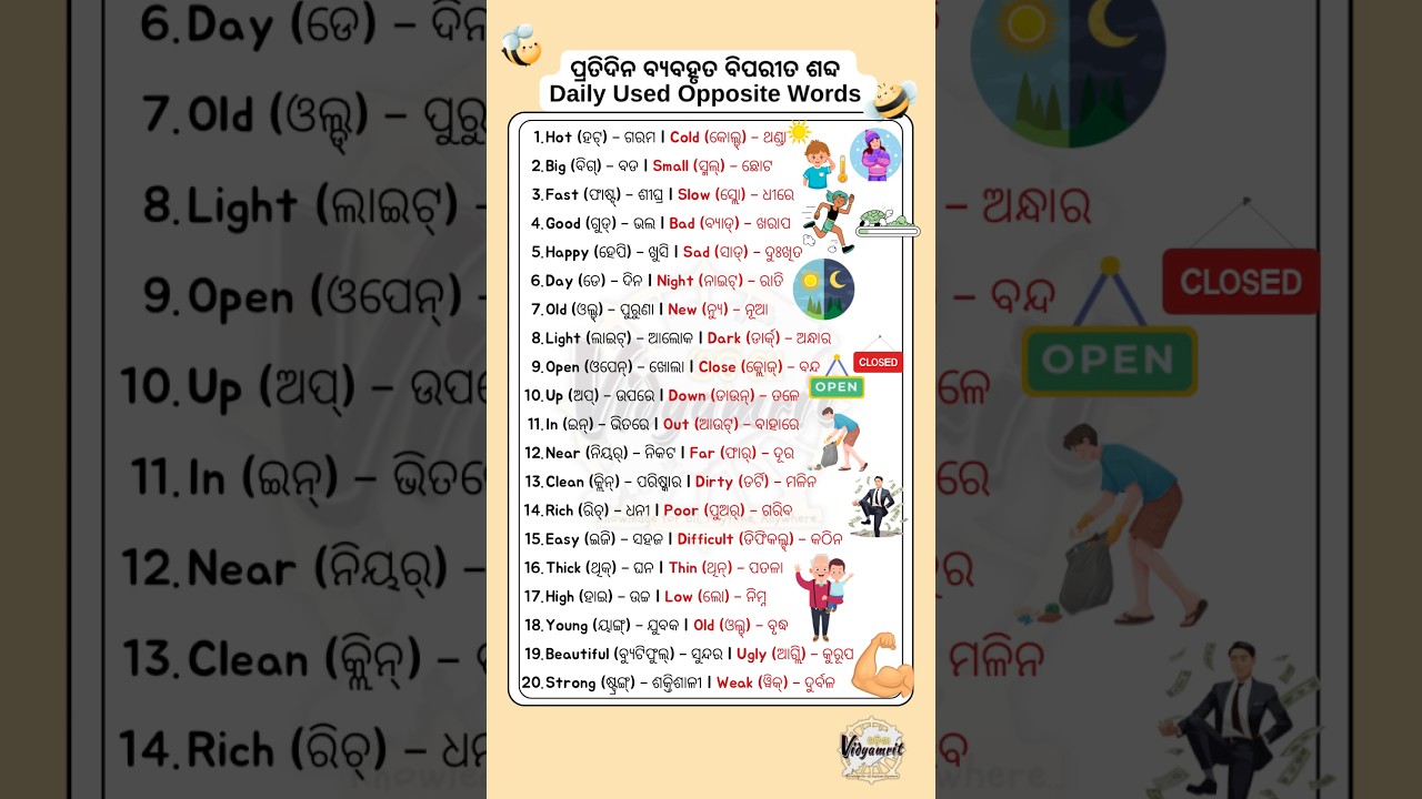 25 Daily Used Opposite Words | English to Odia with Pronunciation | ଦୈନିକ ବ୍ୟବହୃତ ବିପରୀତ ଶବ୍ଦ