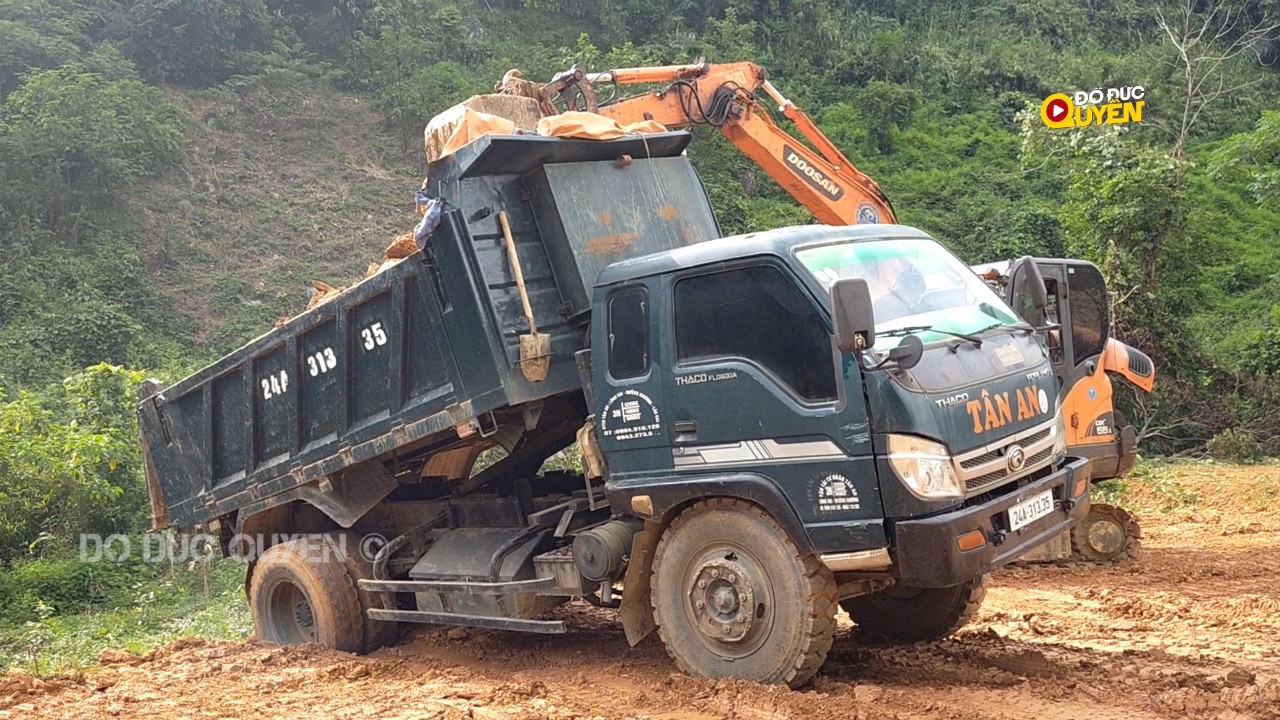 Xe Ôtô tải ben chở và đổ đất Máy xúc DOOSAN 55 san kéo đẩy vs KOBELCO 135 múc đất Xe tải làm việc