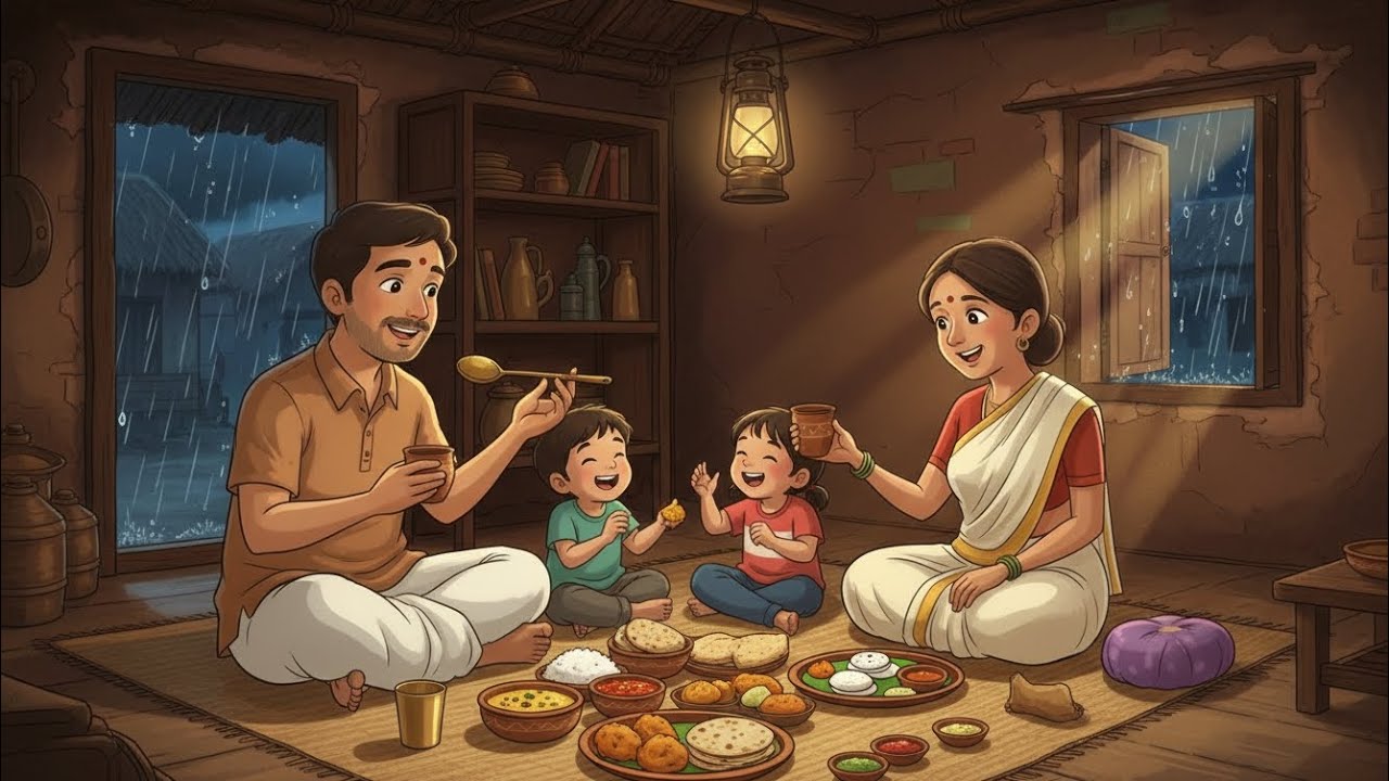 Traditional Indian Dinner Feast Preparation During Mountain Storm, Village Cooking Ghibli Style ASMR
