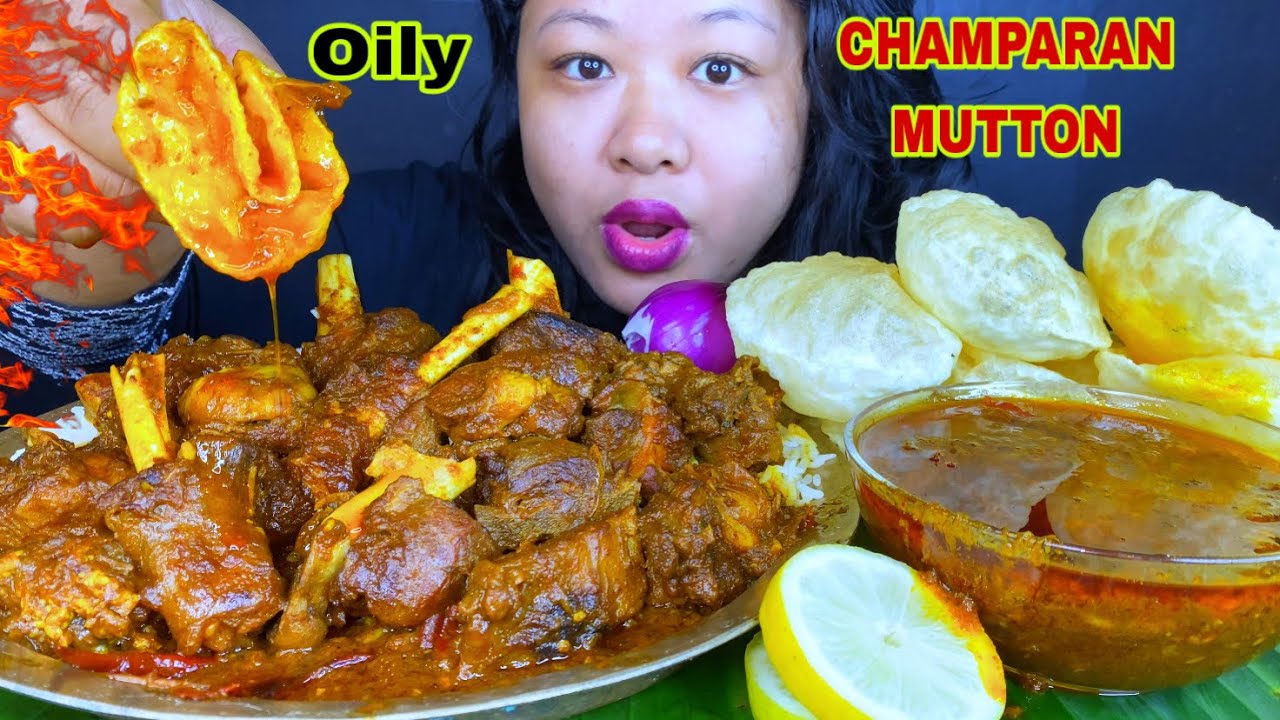 HUGE OILY CHAMPARAN MUTTON CURRY, LUCHI WITH RICE MUKBANG | SPICY MUTTON CURRY MUKBANG ASMR 