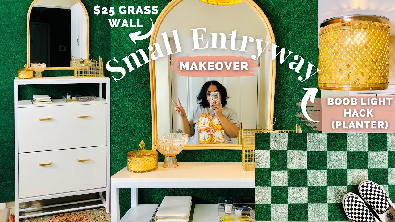 Extremely TINY Entryway Makeover + DIY Faux Grass Wall, Boob Light Hack, Amazon Shoe Cabinet Upgrade
