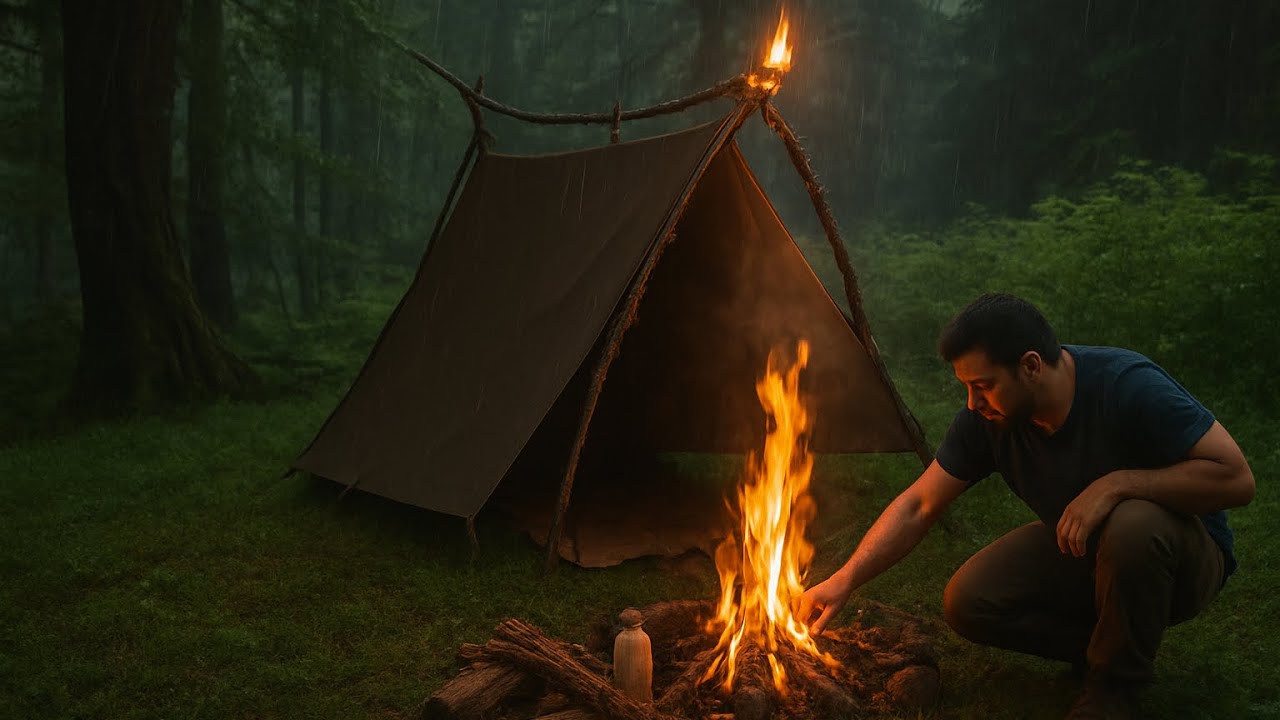 Building a shelter with a tarp and camping deep in the forest