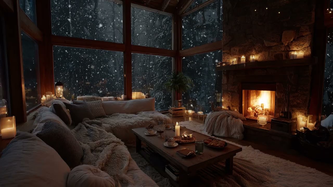 Peaceful Snowfall Night Ambience and Warm Fireplace Crackles for Deep Sleep and Relaxation