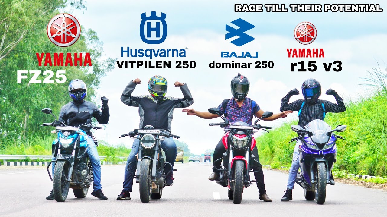 R15 V3 VS husqvarna vitpilen 250 vs dominar 250 vs fz25 quad battle race top end