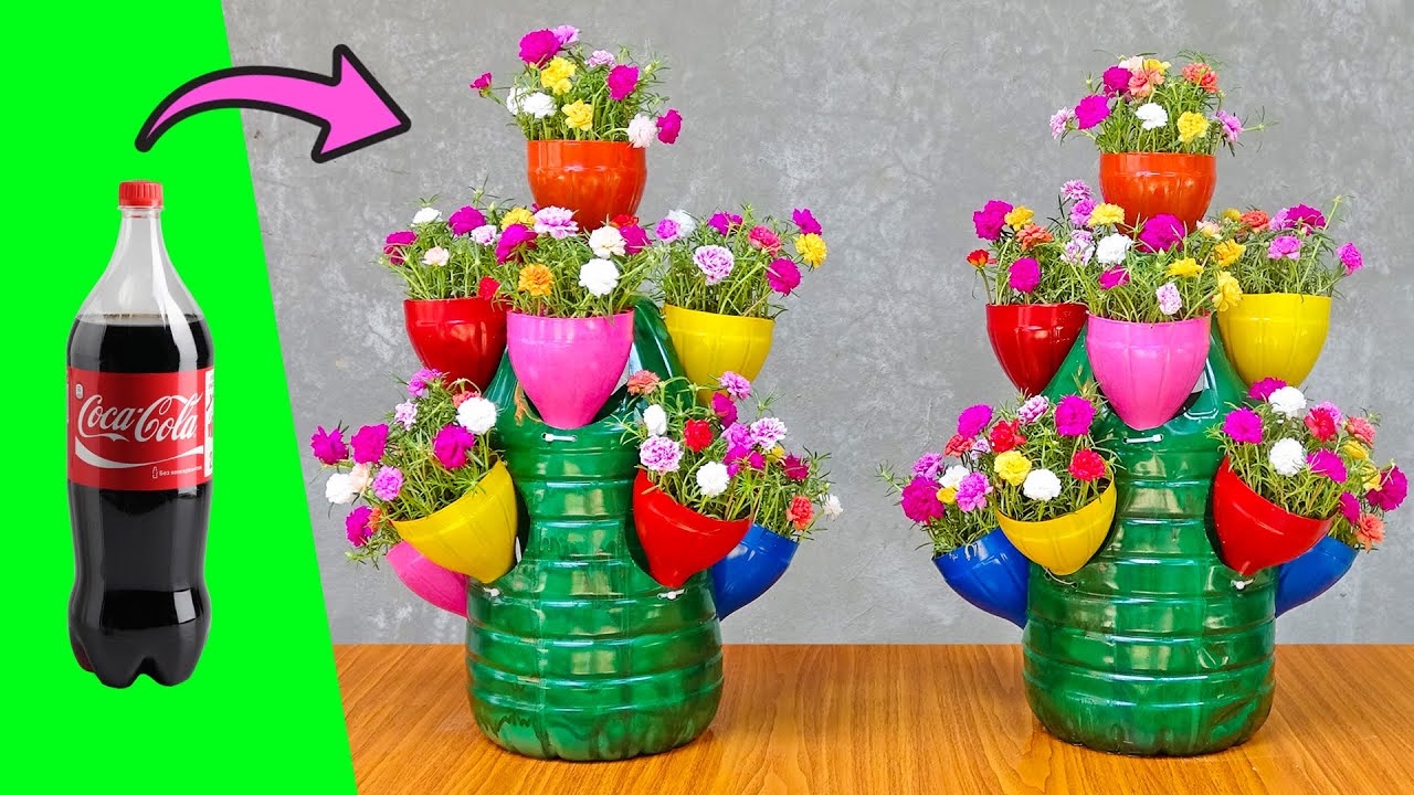 Recycling Ideas, DIY Cute Moss Rose (Portulaca) Tower From Plastic Bottles For Corner