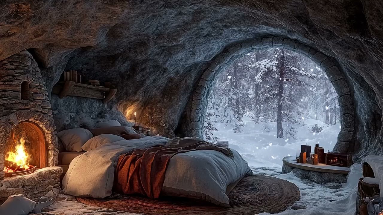 Blizzard Wind and Crackling Fireplace in a Cozy Cave | Deep Sleep Study and Meditation