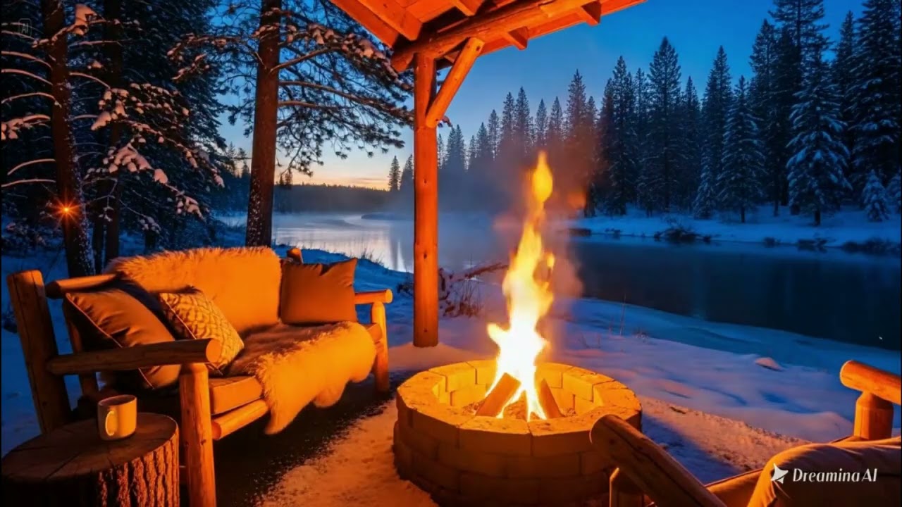 People Can’t Stop Watching This Winter Riverside Cabin Porch Firepit & Nature Sounds