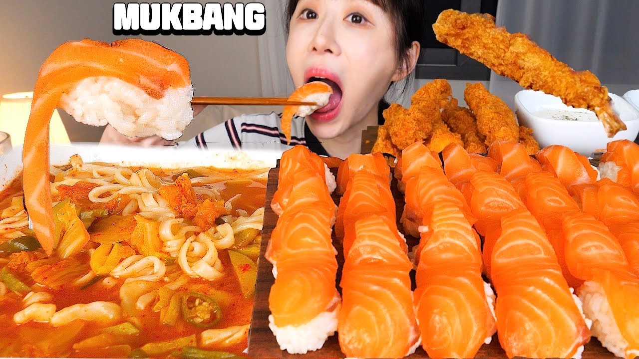 통연어로 만든 사르르 녹는 연어초밥 한가득🍣, 김치칼제비, 새우튀김 먹방✨ Salmon sushi, Kimchi Kaljebi, Fried shrimp Mukbang