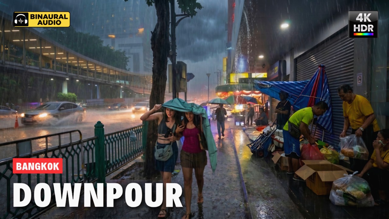 Sudden Downpour in Bangkok 🇹🇭 Heavy Rain Walk | 4K HDR &bull; Binaural Audio 🎧