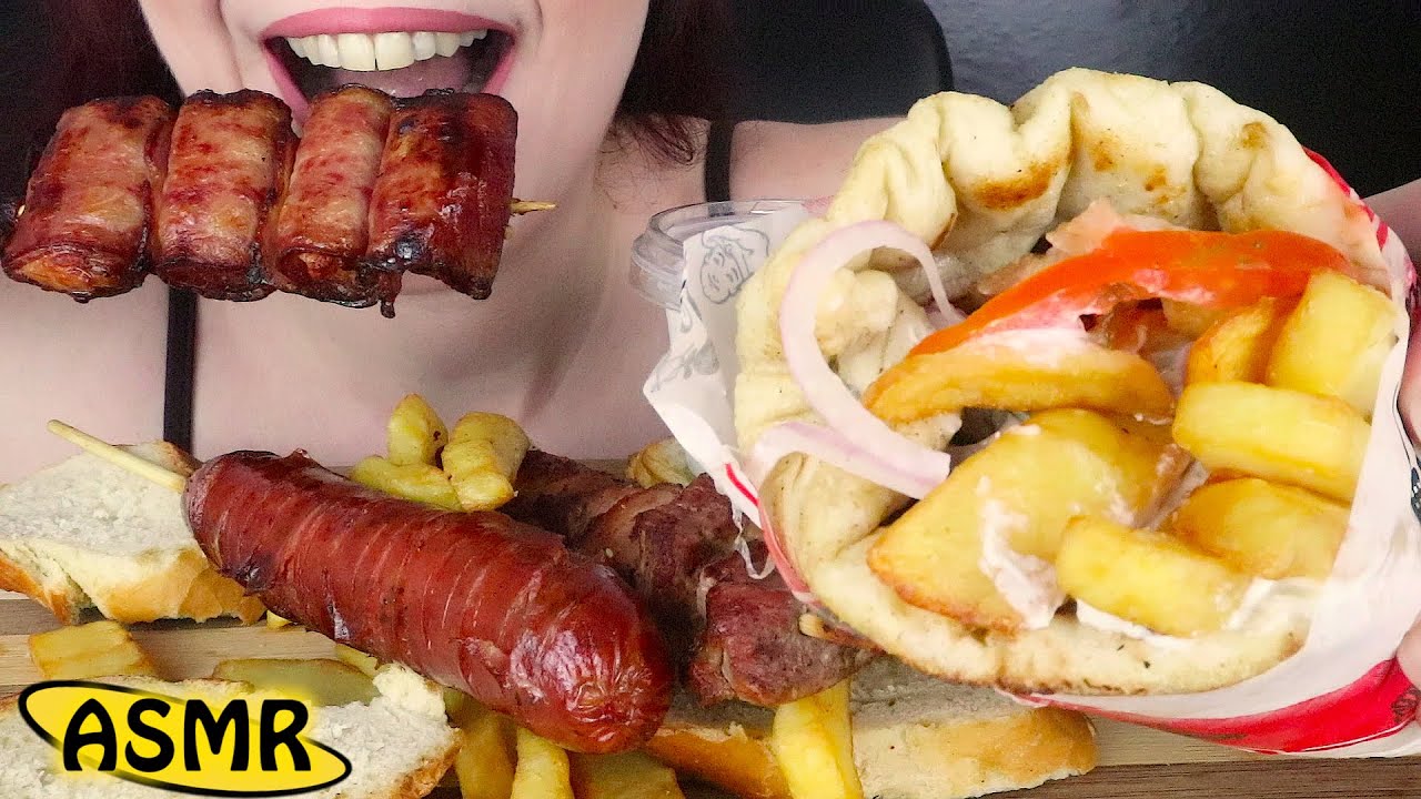 ASMR: GREEK STREET FOOD - PITA GYRO, SOUVLAKI, CHICKEN BACON 🌯🍗| No Talking Mukbang | Request #4