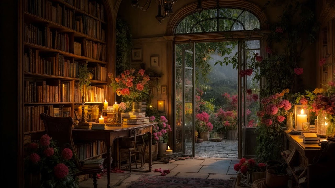 [ Library Morning Rain with Distant Thunder] Peaceful Study Atmosphere