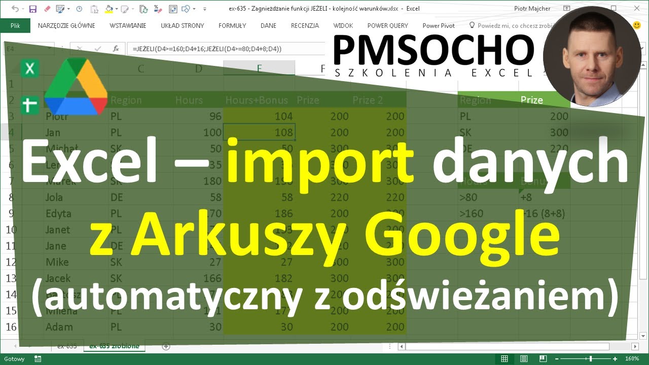 Excel - Importowanie danych z Arkuszy Google (Google Sheets) lub pliku Excel z Dysk Google [odc.889]
