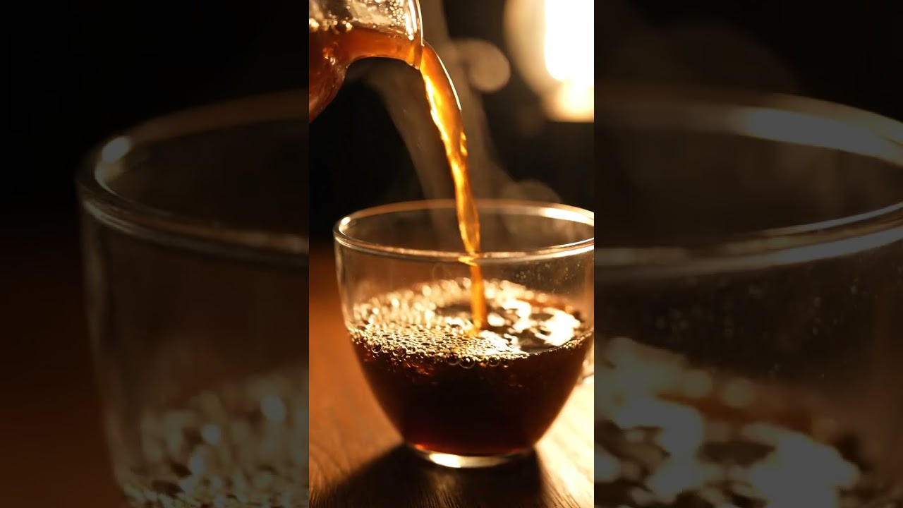 A close-up cinematic shot of steaming hot coffee being slowly poured #asmr #coffee #shorts