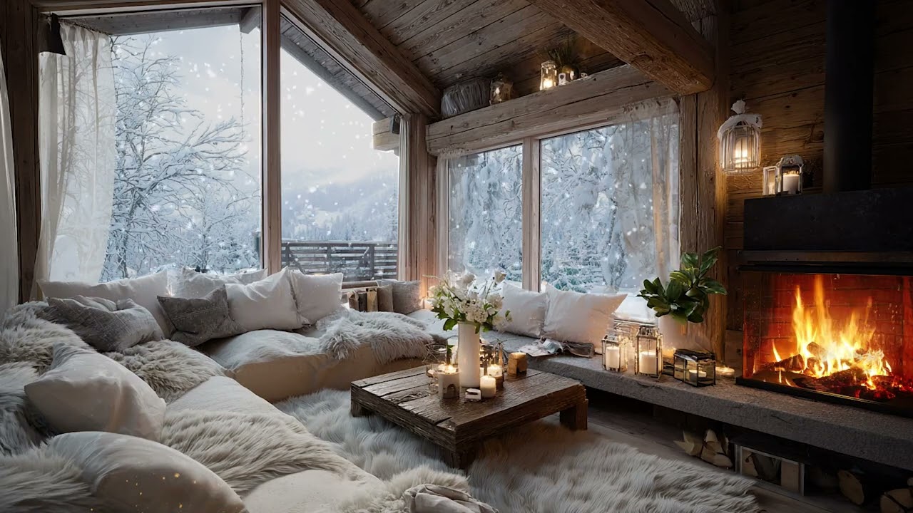 Soft Piano Snowfall Lounge | White Floral Interior with Warm Fire for Relax