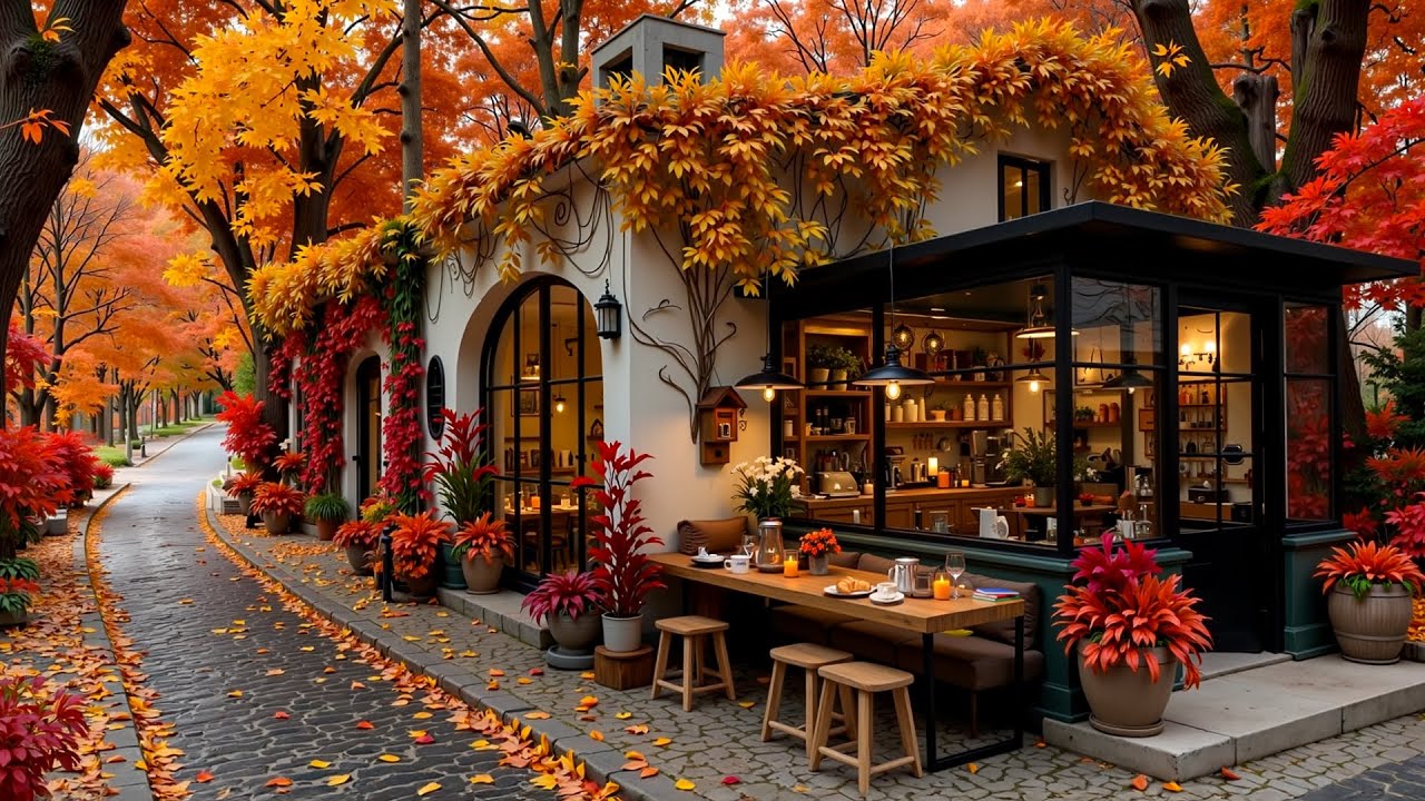 Charming Fall Caf&eacute; on a Quiet Street 🍂 Soft Jazz Music for Reflection & Calm Moments