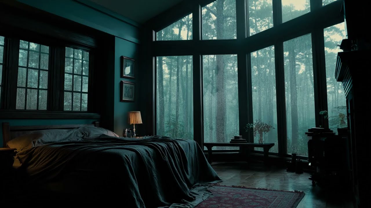 Heavy Rain on Window in a Forest Bedroom - Calm Rainstorm Sounds for Deep Sleep and Focus