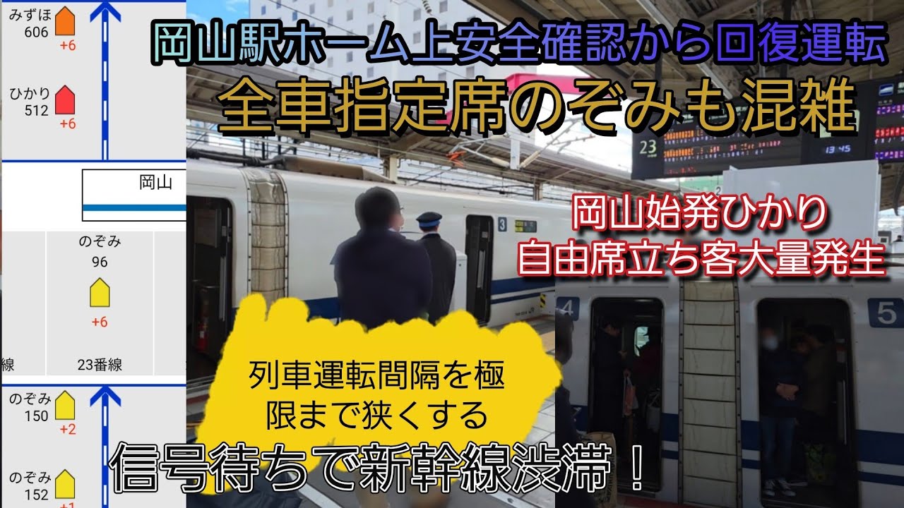 【2025年年末年始Uターン大混雑・本気の遅延回復】岡山駅ホーム安全確認のため東京方面全力で遅延回復に勤める‼️混雑も凄い中列車運転間隔を狭めてJR本気の回復運転に勤める‼️