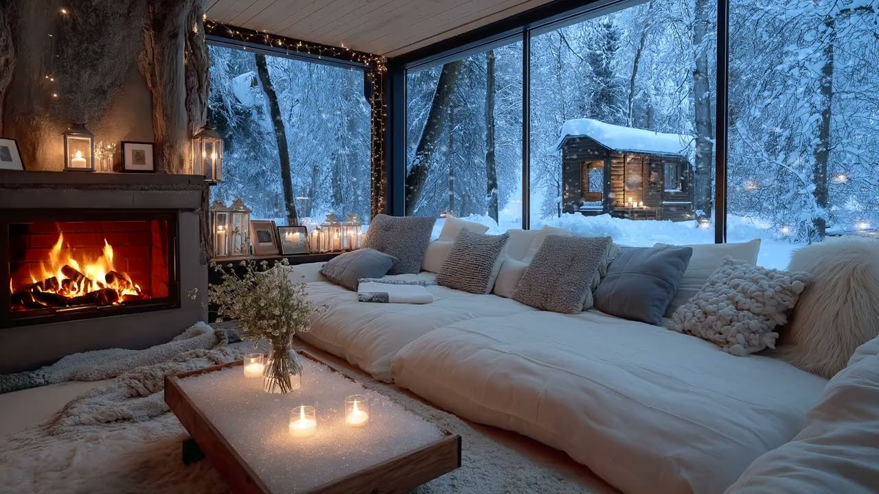 🎹💙Chill Lounge Piano | Winter Fire & Snowfall for 4 Hours | Meditation, Focus Recharge & Mood Boost