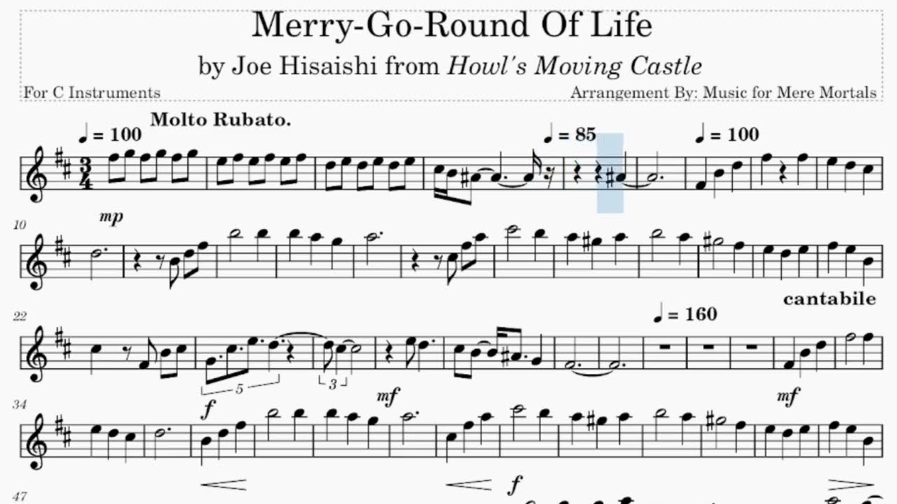 Merry Go Round Of Life - from Howl's Moving Castle - Play Along for C Instruments