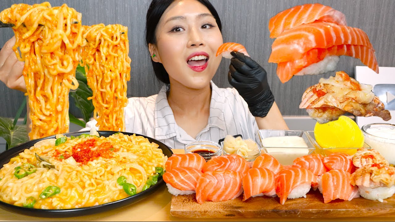 MUKBANG) 크림너구리 연어초밥 맥주까지!🦝🧡 최강조합 먹방 Spicy Cream Ramyun with Salmon sushi asmr real sound eating