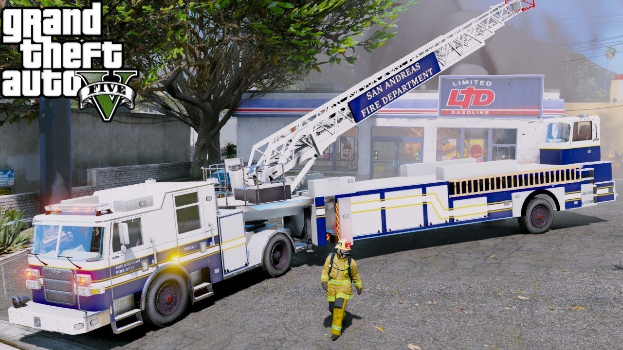 GTA 5 Firefighter Mod Tiller Ladder Firetruck Responding To Emergency Calls (LSPDFR Fire Callouts)