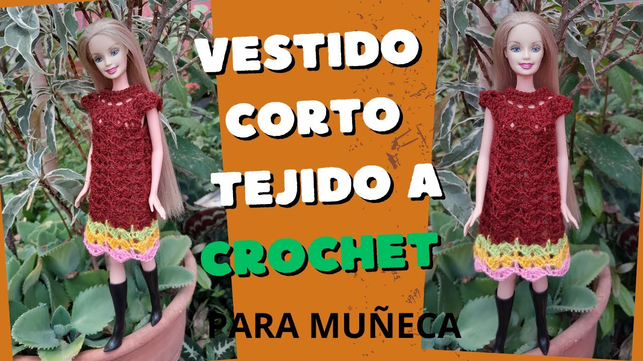 Vestido Corto en Punto Abanico Tejido a Crochet para Muñeca