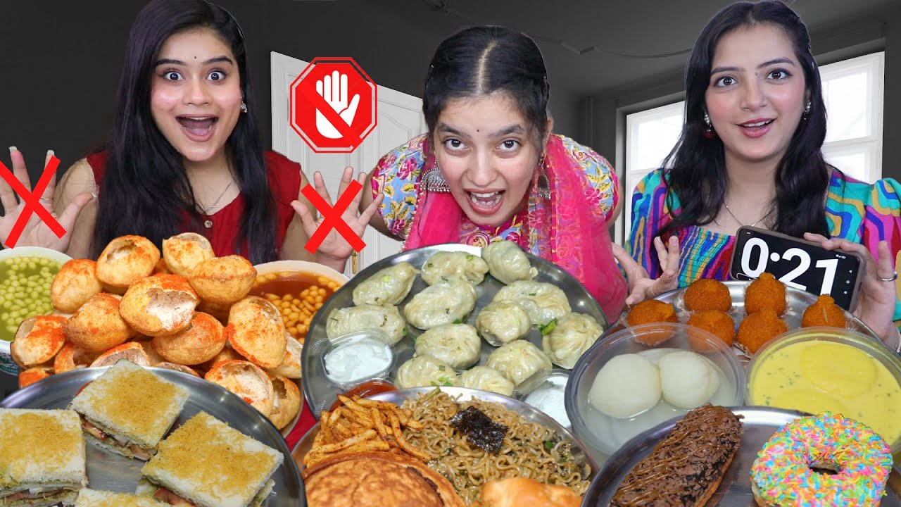 30 Seconds No Hands Food Challenge | Golgappa, Momos, Korean Noodles, Burger, Sandwich,Samosa, Laddu