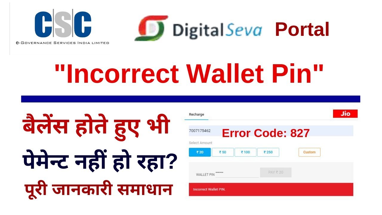 CSC Digital seva Payment Incorrect Wallet Pin Error Code 827 ऐसे होगा Transaction