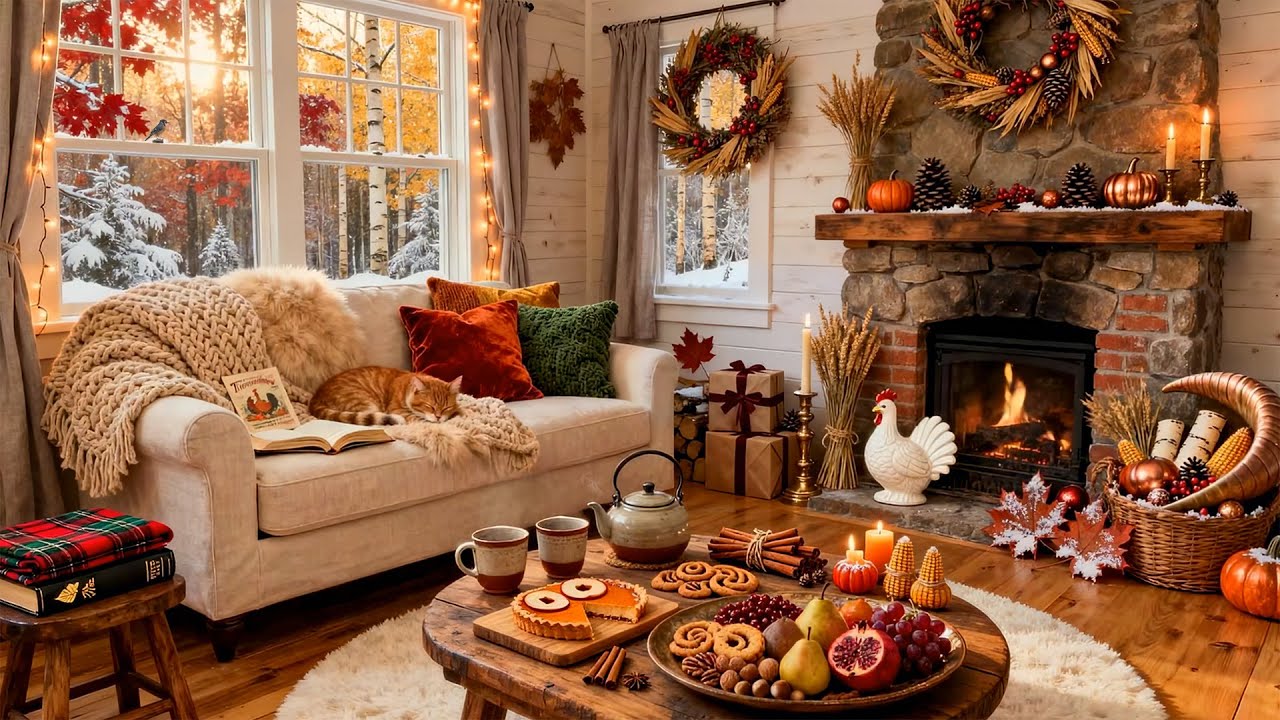 Thanksgiving Cozy Cabin Ambience 🍂🔥 Fireplace, Snacks & Snowy View