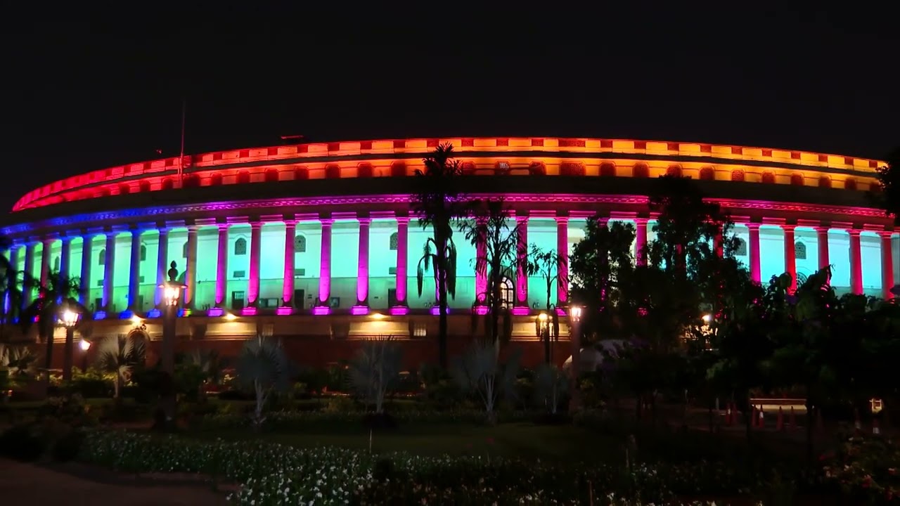 Parliament building lit up on the eve of Independence Day