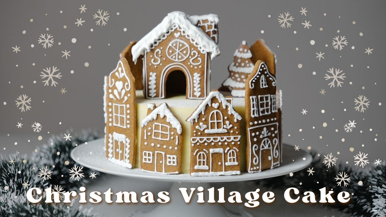 Christmas Village Cake | Orange Cardamom Cake with Gingerbread Houses