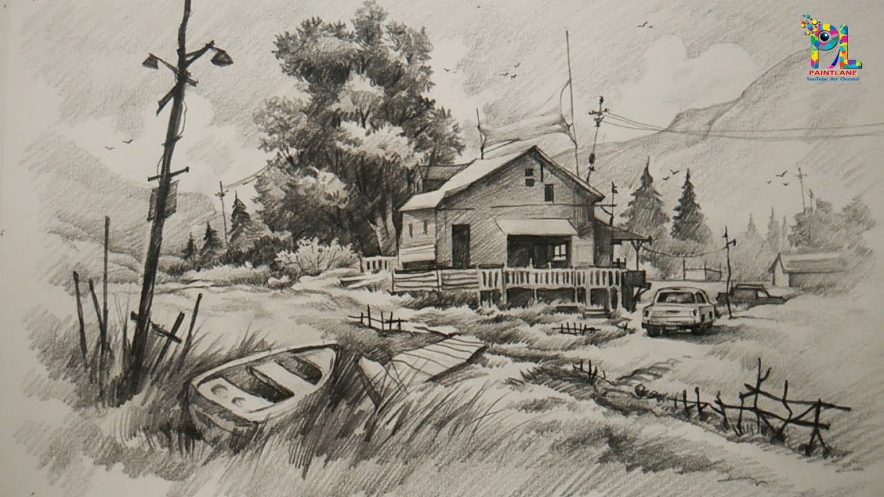 How To Draw and Shade A House With Landscape At Mountain Place | Drawing | Shading | With PENCIL