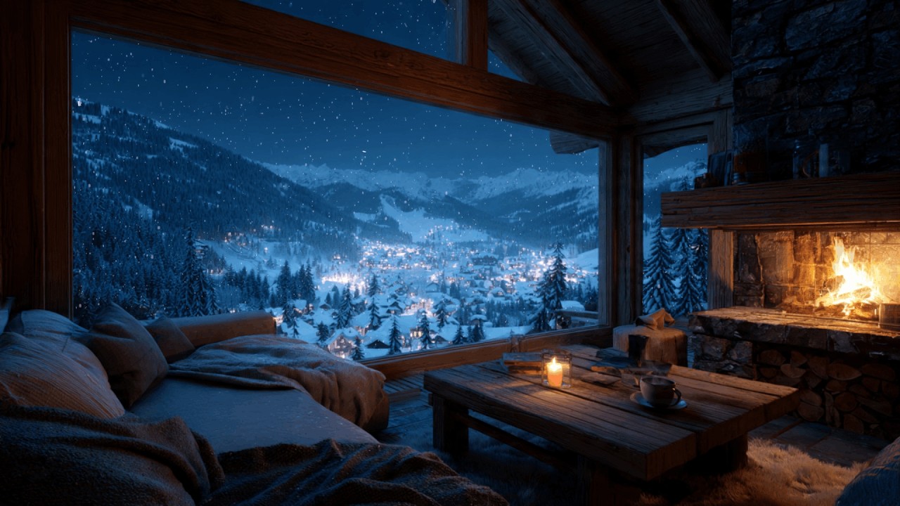 Snowy Cabin Night Escape | 🔥Crackling Fireplace | Deep Relaxation