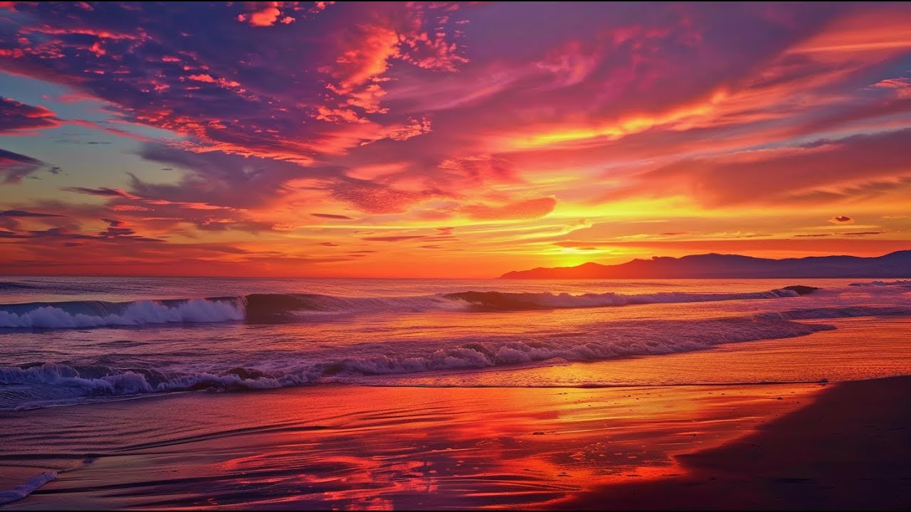 Red Sunset Afterglow | Remote Beach Waves, Relaxing ASMR for Deep Sleep (3H)