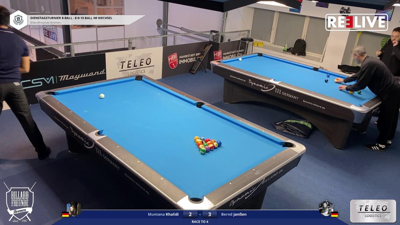 Spieler1} vs Bernd Janßen Tisch[5] Dienstagturnier Billardfreuden Bremen 8-Ball 27.1.26 Muntana Khal