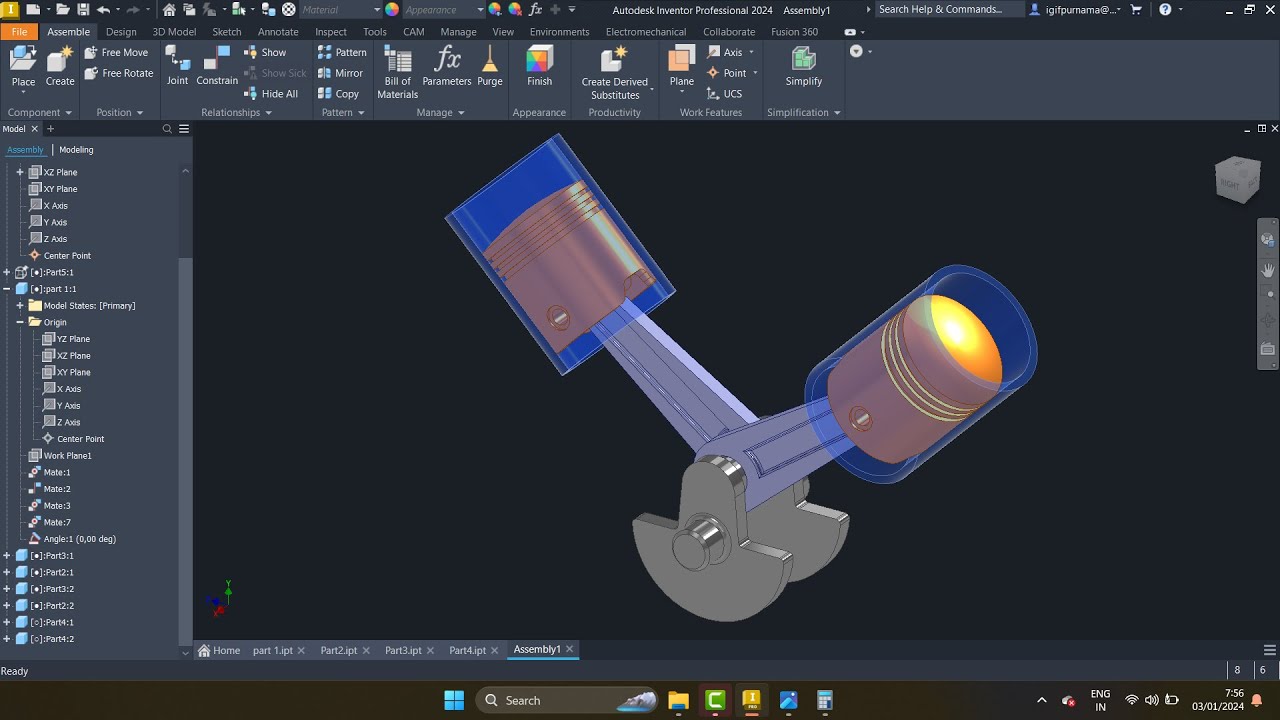 Autodesk Inventor 2024 | Tutorial Assembly 90 Degree V Twin Engine | bahasa indonesia | 4K 60fps