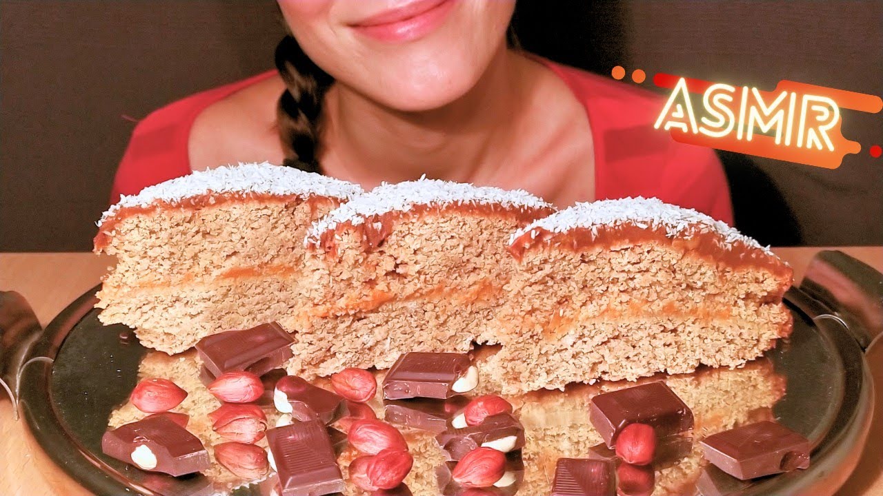 ASMR COCONUT CAKE with CHOCOLATE Frosting + Banans Milk (No Talking|Eating Sounds)