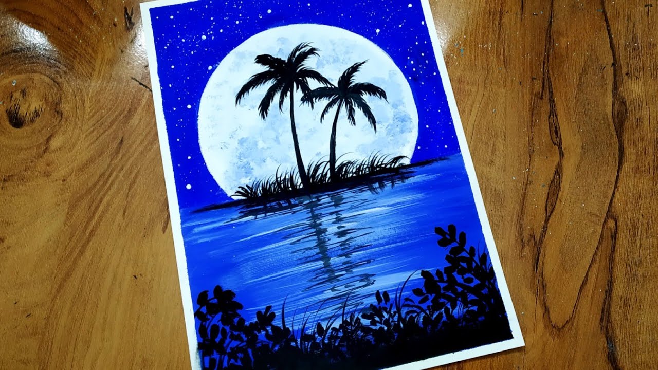 Easy Poster Color Full Moonlight Painting/Easy Poster Color Painting for Beginners/Full Moon Paintin