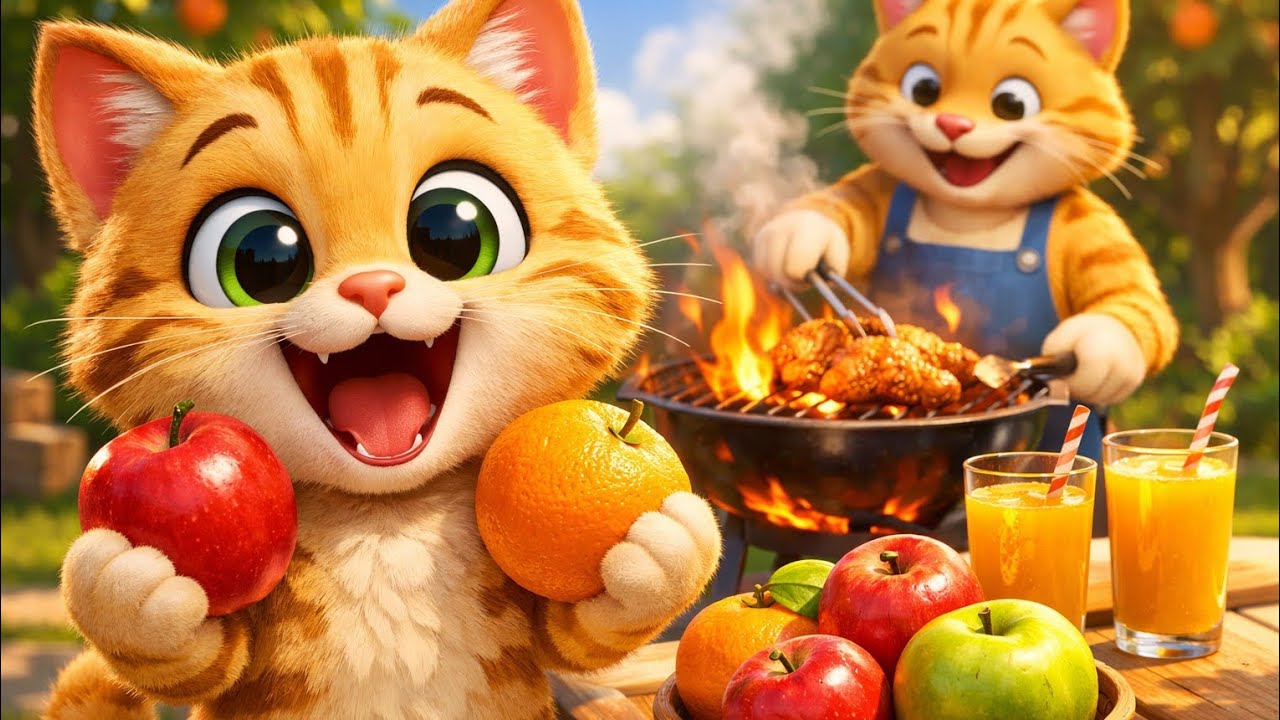 Kids shorts||👉 Cat Dad & Kitten Cook Chicken BBQ and Make Fresh Fruit Juice | Cute Cat Story#cat #ai