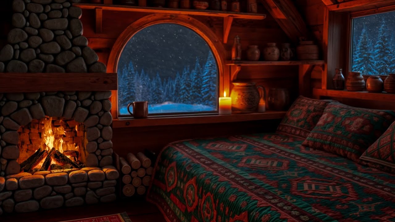 12H ❄️ Winter Bedroom at Night | Snowfall Outside & Gentle Fire 🔥 | Sleep Fast • Quiet Mind