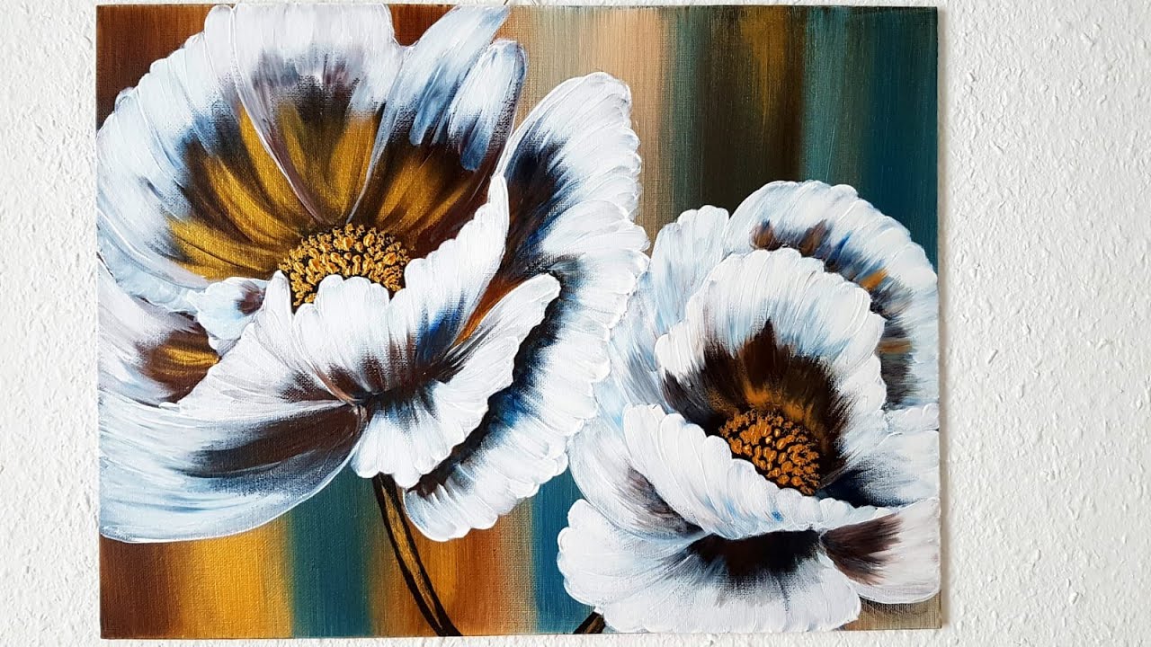 Blumen Malen Acryl Weiß Gold Braun Anfänger Echtzeit - Flowers Acrylic Painting White Gold Beginners